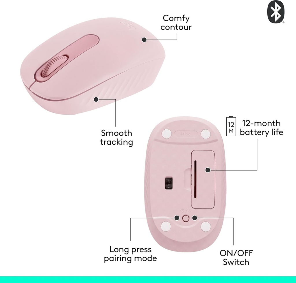 Logitech Ratón inalámbrico Bluetooth M196, compacto y portátil para portátiles, tabletas y más, batería de 12 meses, seguimiento suave, compatible con PC y Mac, Windows y macOS, rosa