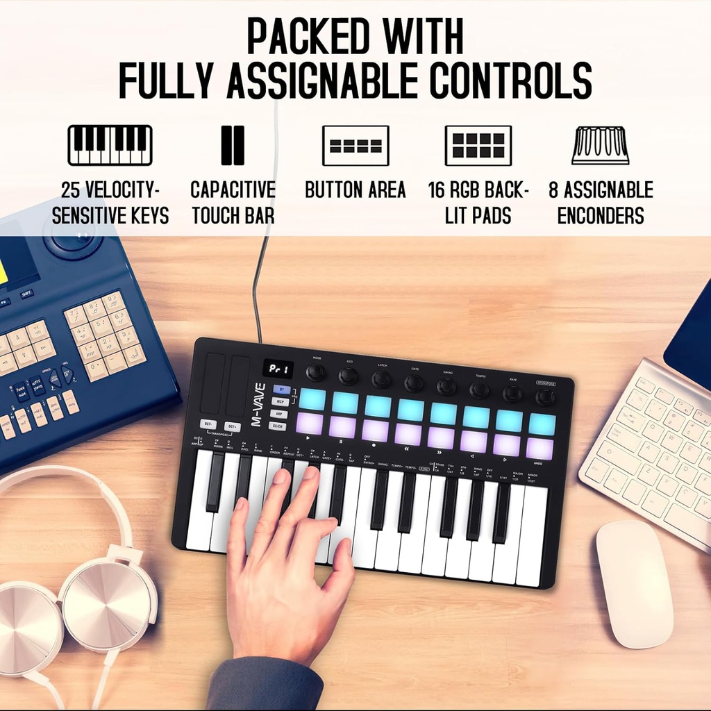 M-VAVE Controlador de teclado MIDI USB de 25 teclas con 8 almohadillas retroiluminadas, teclado dinámico profesional semiponderado Bluetooth, 8 perillas y producción de música, software incluido