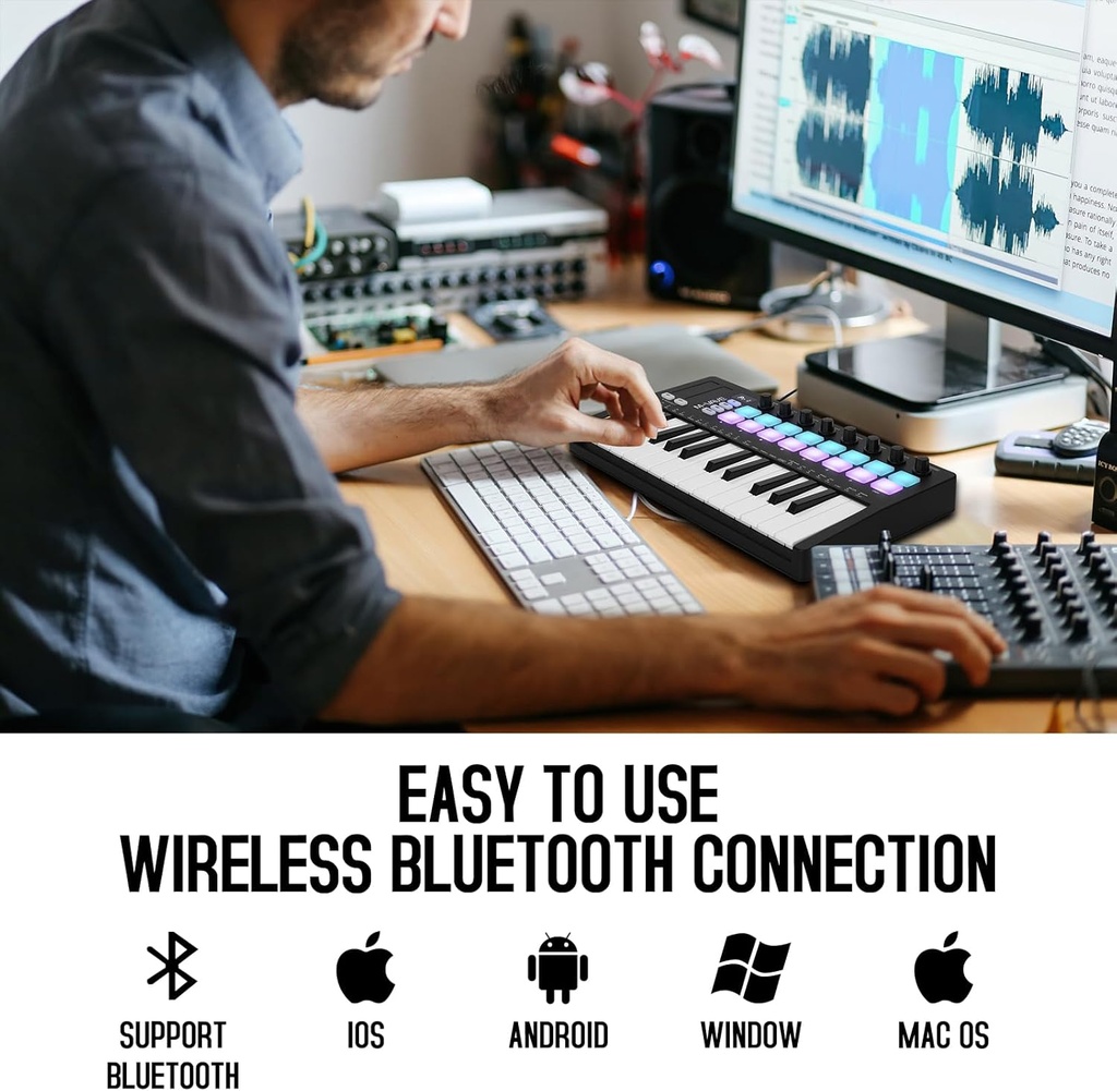 M-VAVE Controlador de teclado MIDI USB de 25 teclas con 8 almohadillas retroiluminadas, teclado dinámico profesional semiponderado Bluetooth, 8 perillas y producción de música, software incluido