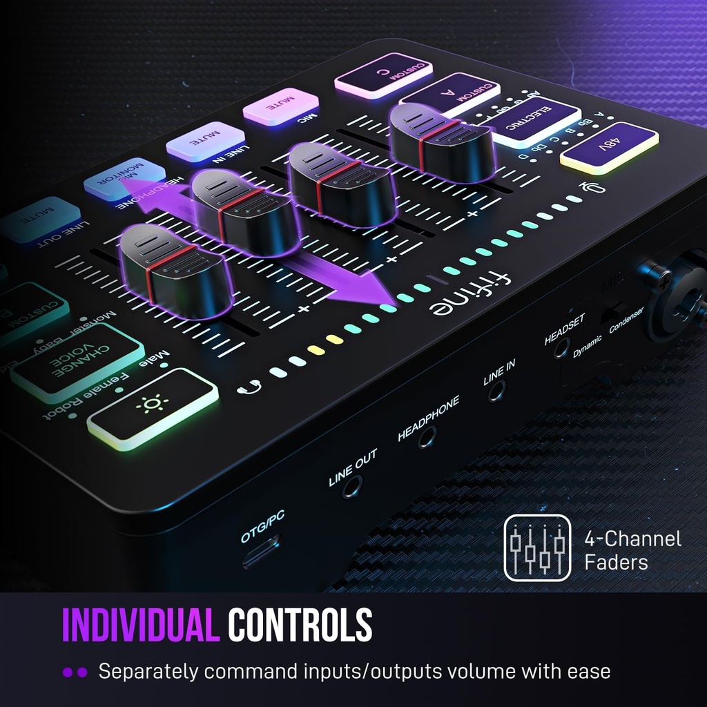 Mezclador de audio FIFINE para juegos, streaming con interfaz de micrófono XL Ralimentación fantasma de 48 V,