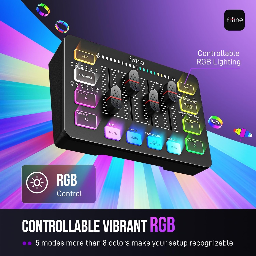 Mezclador de audio FIFINE para juegos, streaming con interfaz de micrófono XL Ralimentación fantasma de 48 V,