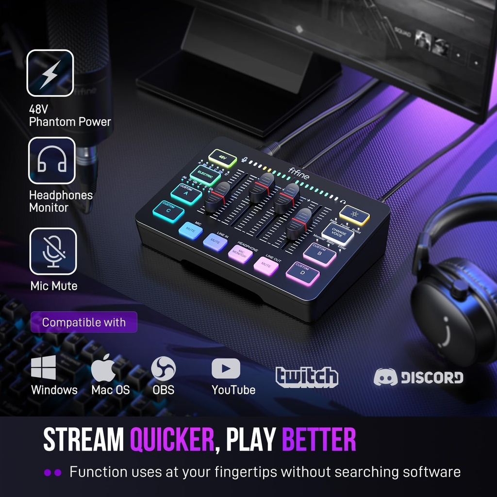 Mezclador de audio FIFINE para juegos, streaming con interfaz de micrófono XL Ralimentación fantasma de 48 V,