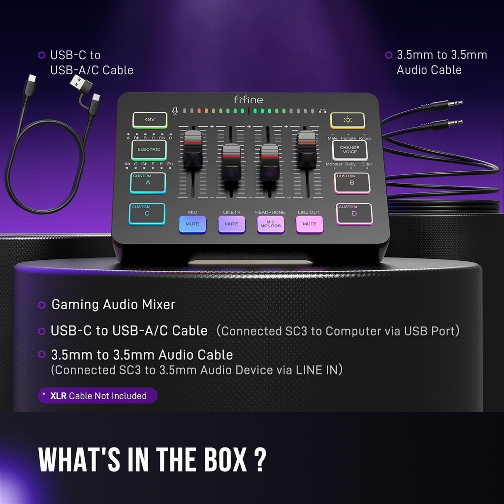 Mezclador de audio FIFINE para juegos, streaming con interfaz de micrófono XL Ralimentación fantasma de 48 V,