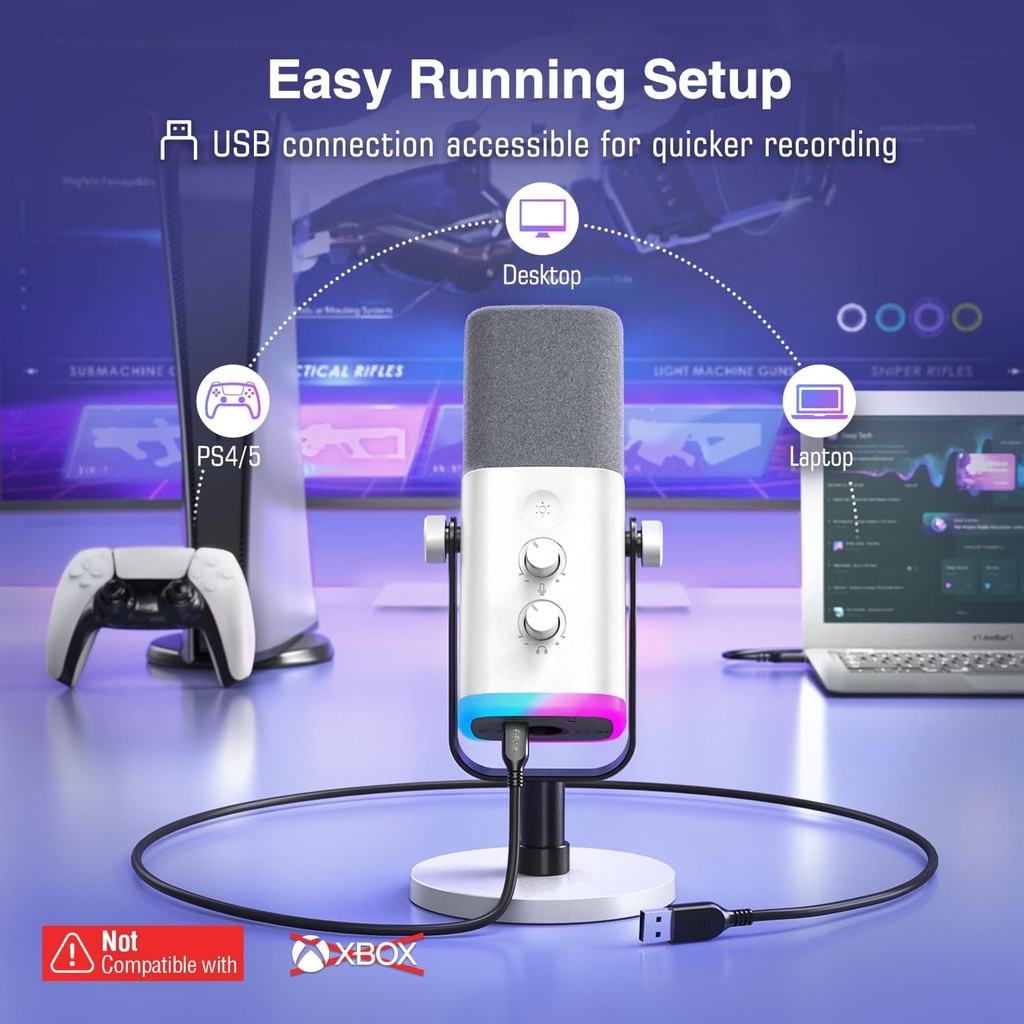Microfono FIFINE AM8 Blanco - Conexion XLR/USB - Iluminacion RGB - Con Conector para auriculares.