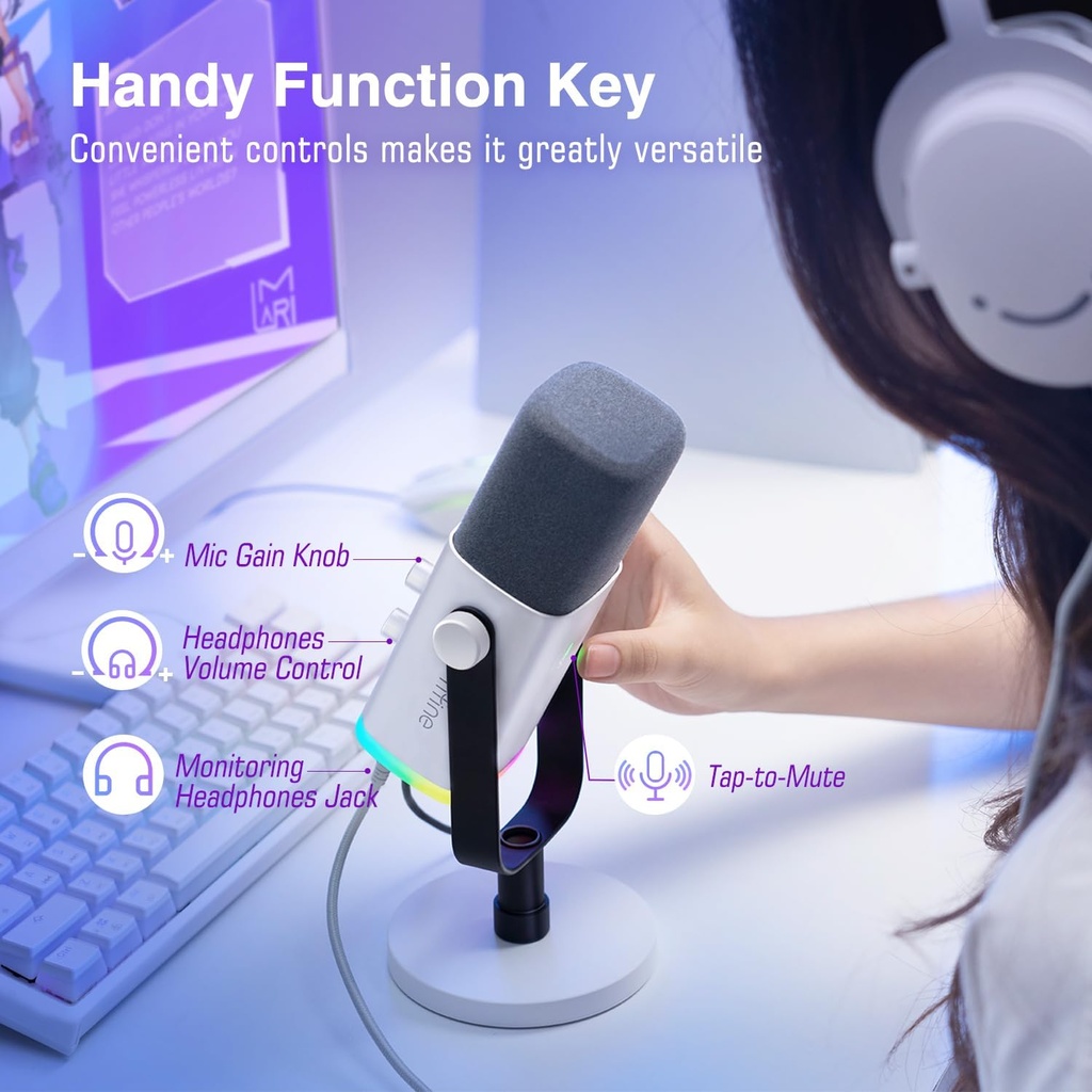 Microfono FIFINE AM8 Blanco - Conexion XLR/USB - Iluminacion RGB - Con Conector para auriculares.