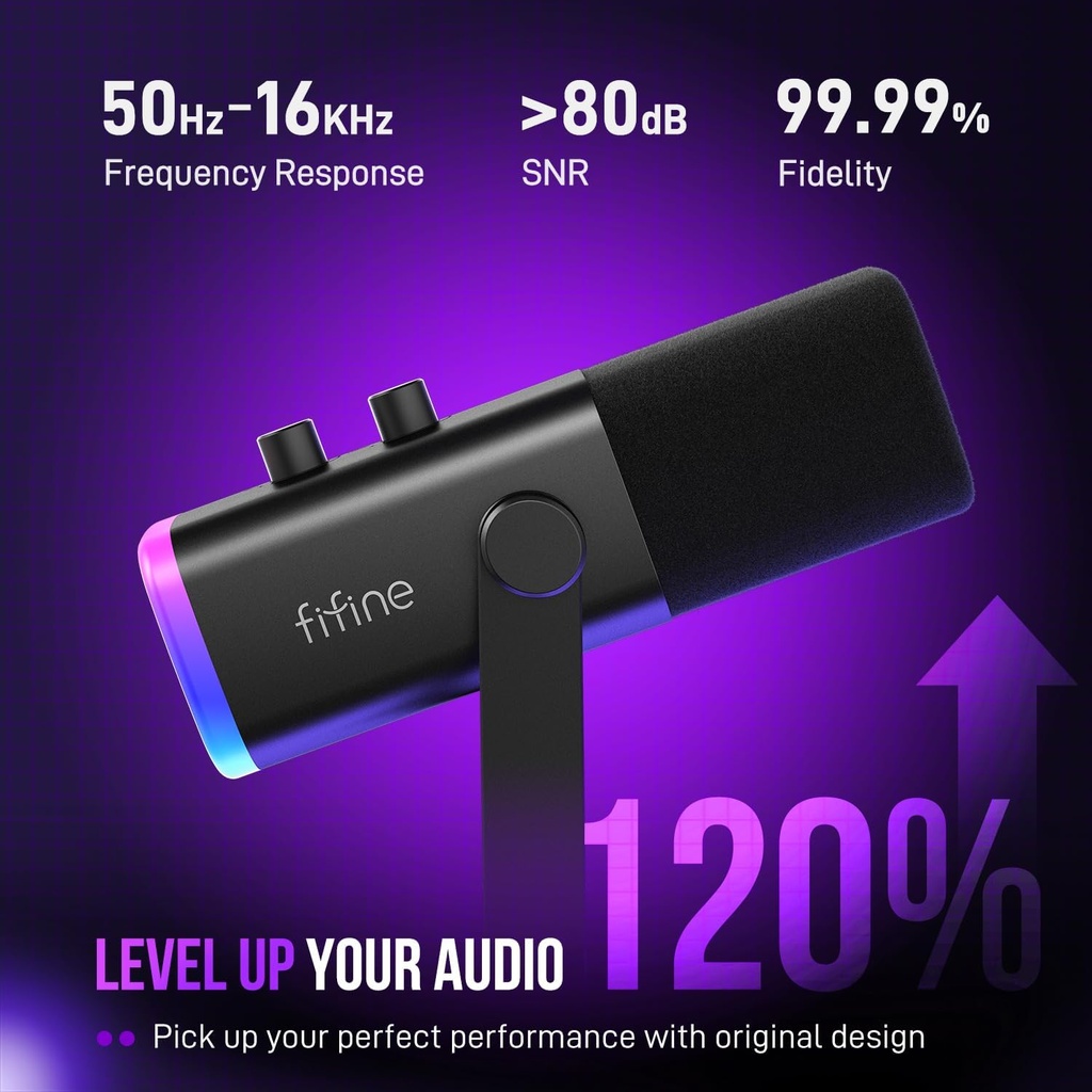 Microfono FIFINE AM8 Negro - Conexion XLR/USB - Iluminacion RGB - Con Conector para auriculares.