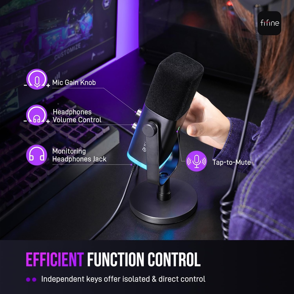 Microfono FIFINE AM8 Negro - Conexion XLR/USB - Iluminacion RGB - Con Conector para auriculares.