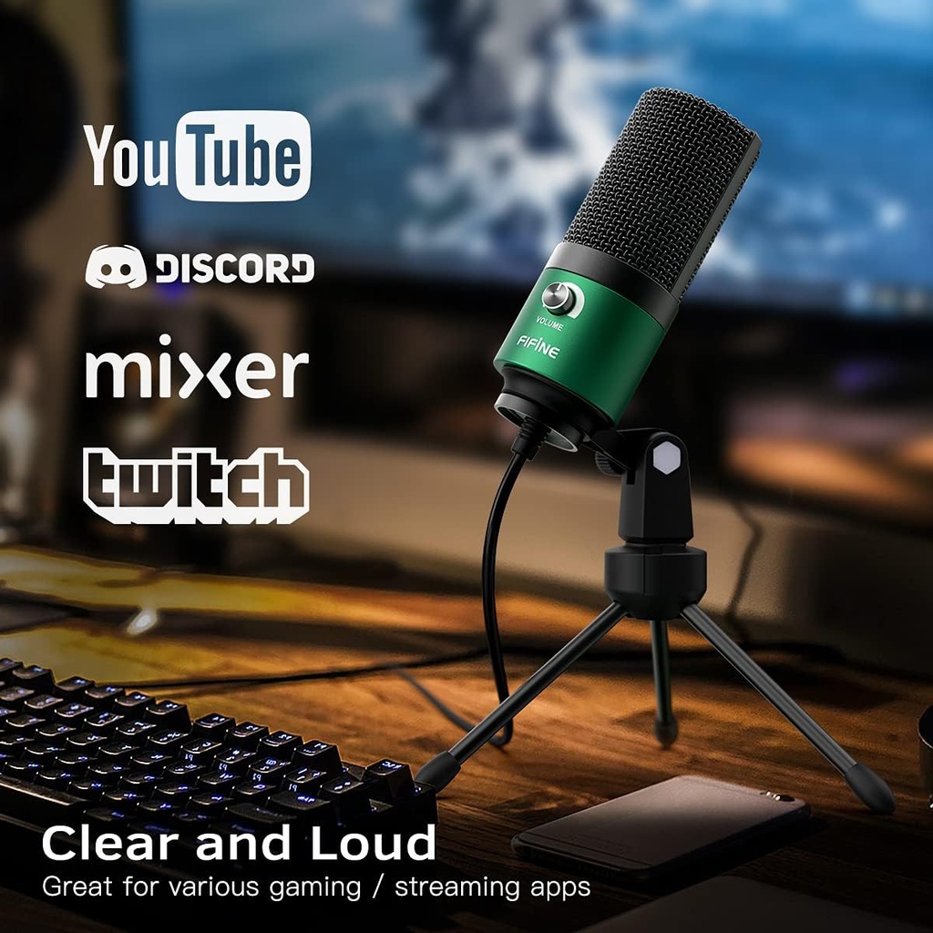 Microfono USB De Condensador FIFINE K669G - Cardioide Para PC, PS4, Mac - Para Streaming - Podcast - Twitch. (Green)