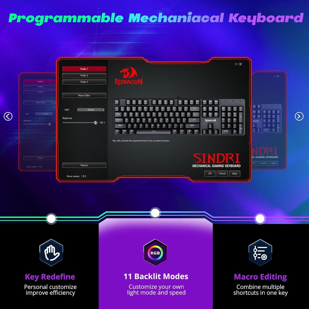Redragon Teclado mecánico para juegos con cable, 11 modos retroiluminados programables, interruptor rojo (SINDRI)