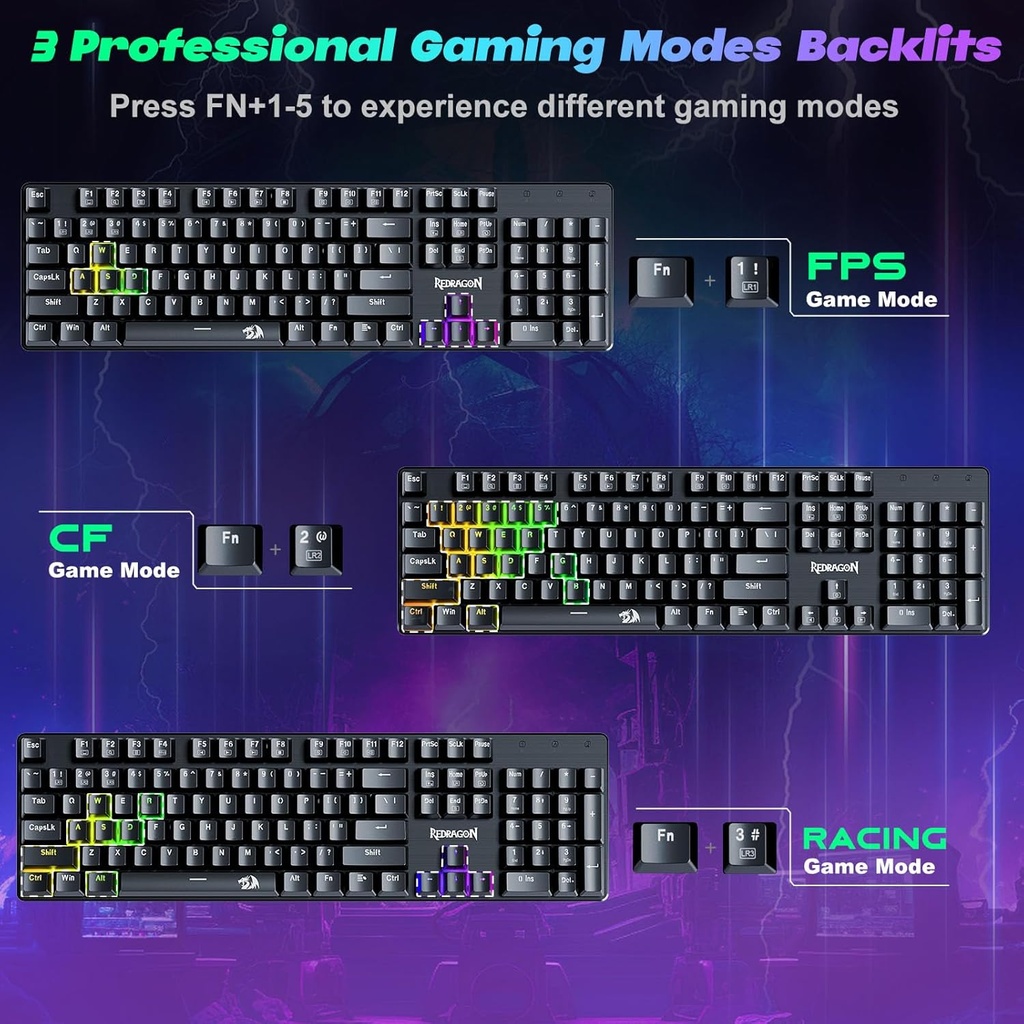 Redragon Teclado mecánico para juegos con cable, 11 modos retroiluminados programables, interruptor rojo (SINDRI)