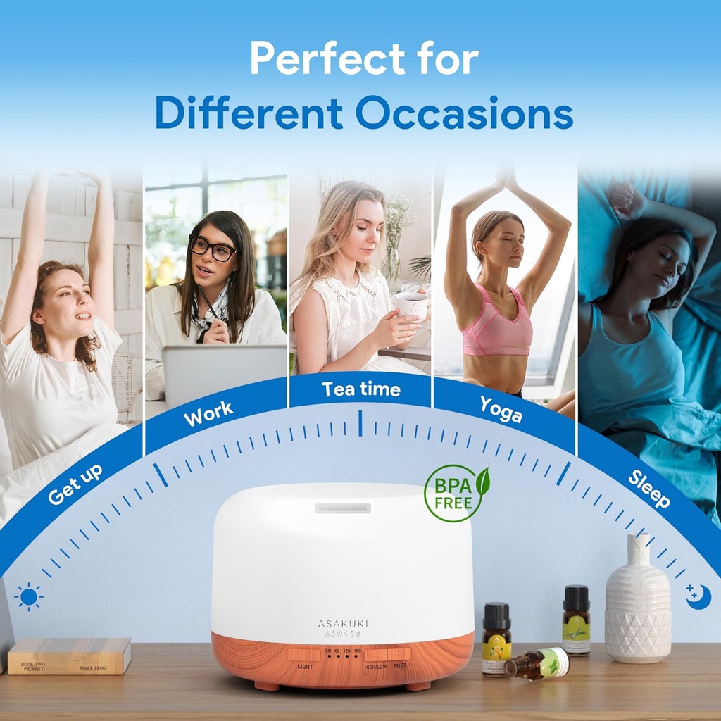 ASAKUKI - Difusor de aceites esenciales con control remoto, vaporizador humidificador ultrasónico, para aromaterapia, temporizador e interruptor de seguridad de apagado automático, marrón, 16.9 fl oz