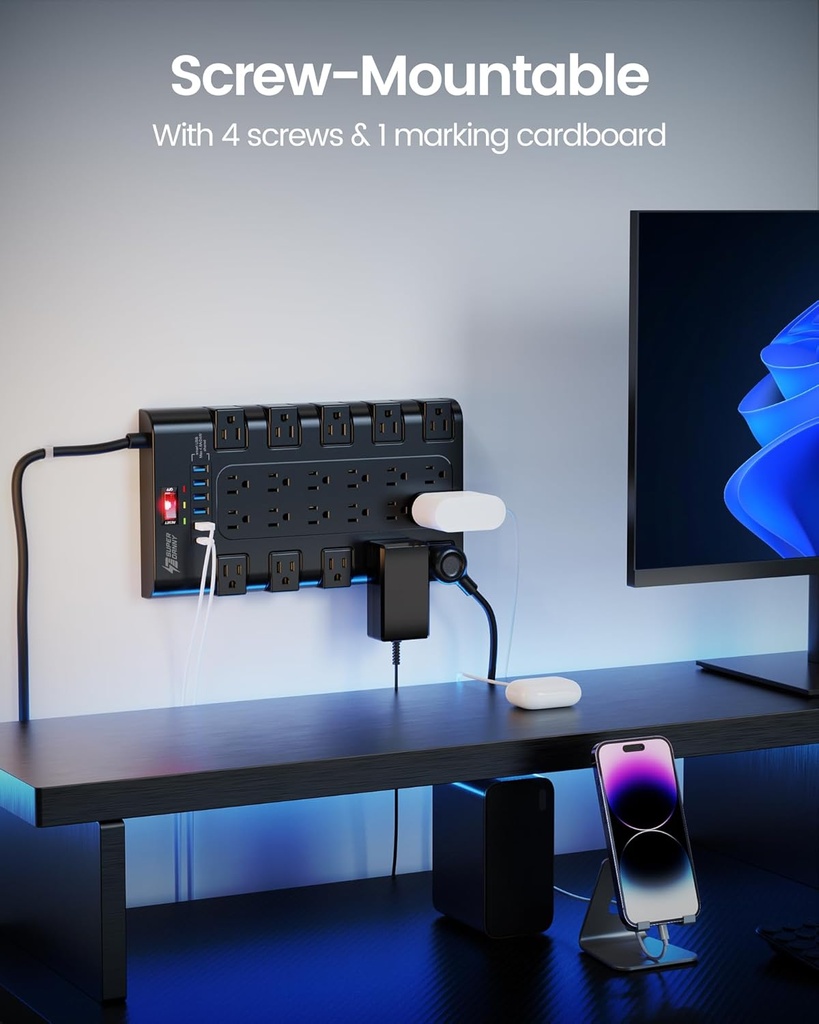 Regleta Power Strip, SUPERDANNY Surge Protector with 22 AC Outlets and 6 USB Charging Ports, 1875W/15A, 2100 Joules, 6.5Ft Flat