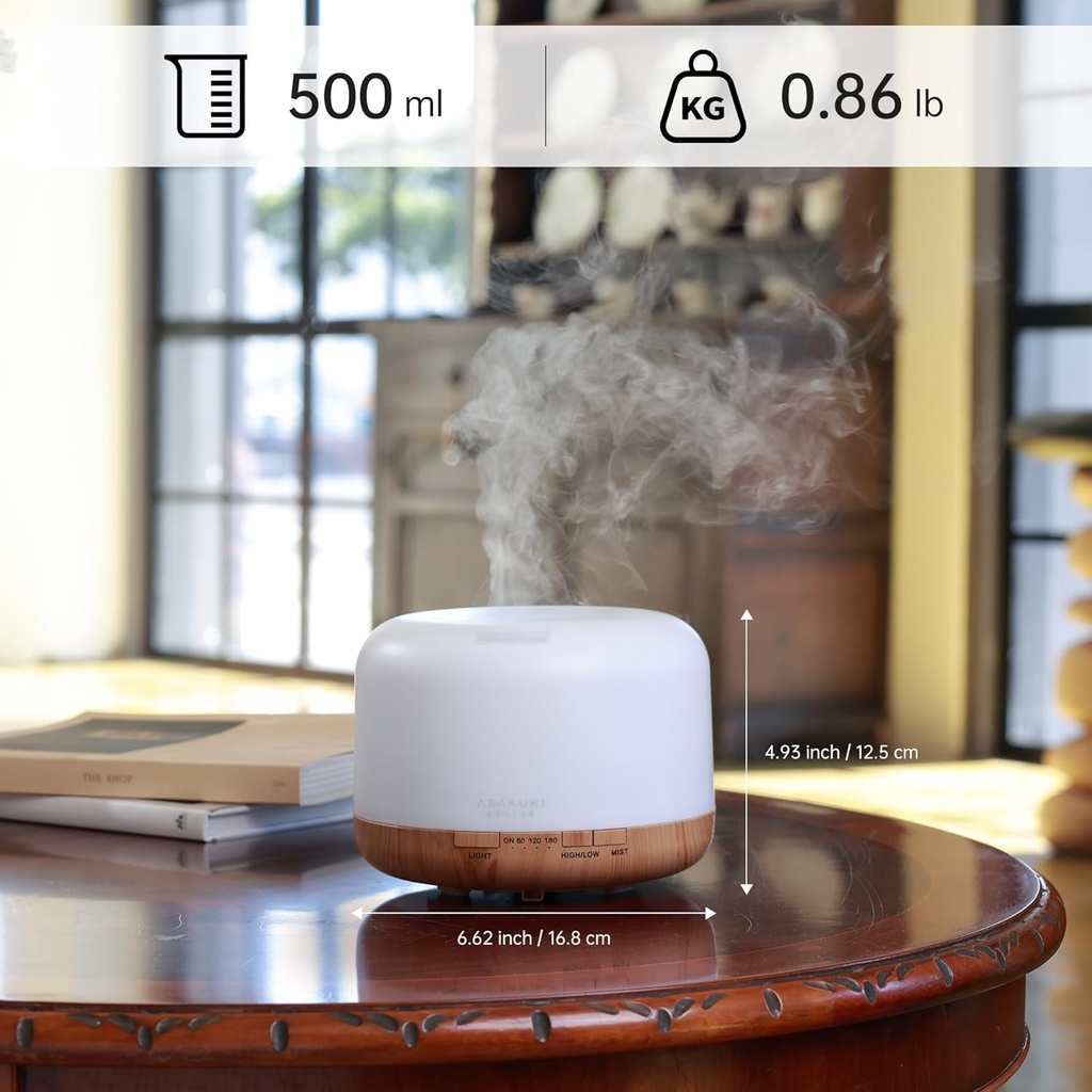 ASAKUKI - Difusor de aceites esenciales con control remoto, vaporizador humidificador ultrasónico, para aromaterapia, temporizador e interruptor de seguridad de apagado automático, marrón, 16.9 fl oz
