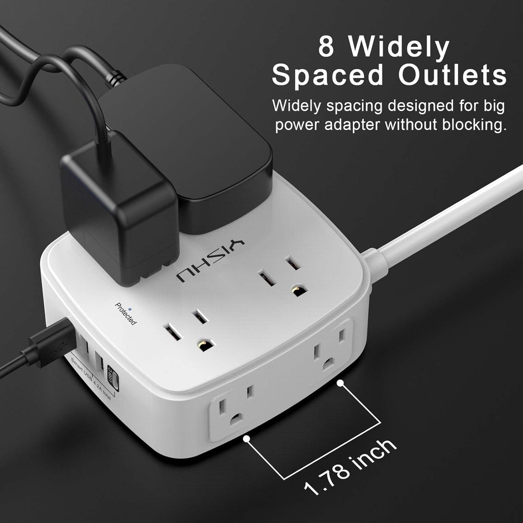 Regleta protectora de sobretensiones de 6 pies, 8 tomas amplias con 4 puertos USB, extensor de salida de 3 lados con cable de extensión de 6 pies