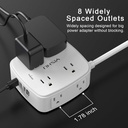 Regleta protectora de sobretensiones de 6 pies, 8 tomas amplias con 4 puertos USB, extensor de salida de 3 lados con cable de extensión de 6 pies