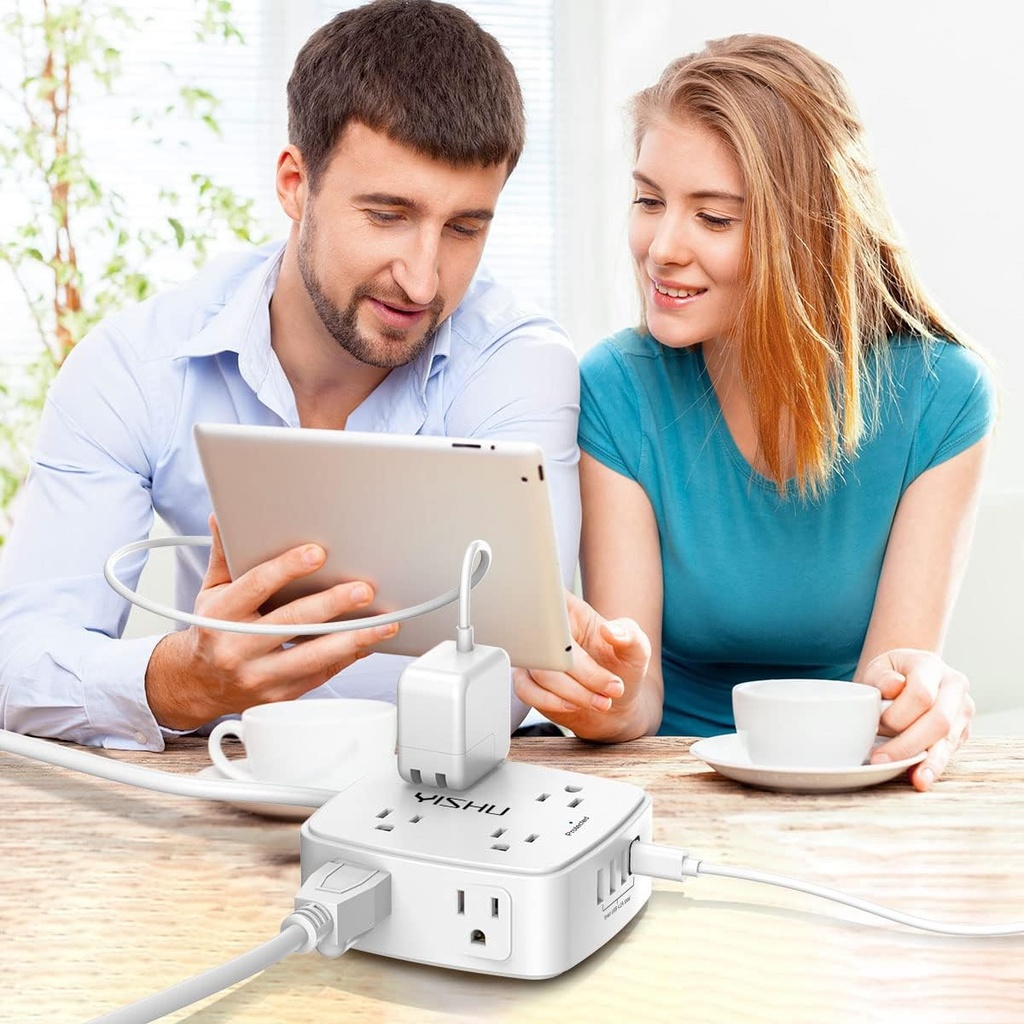 Regleta protectora de sobretensiones de 6 pies, 8 tomas amplias con 4 puertos USB, extensor de salida de 3 lados con cable de extensión de 6 pies