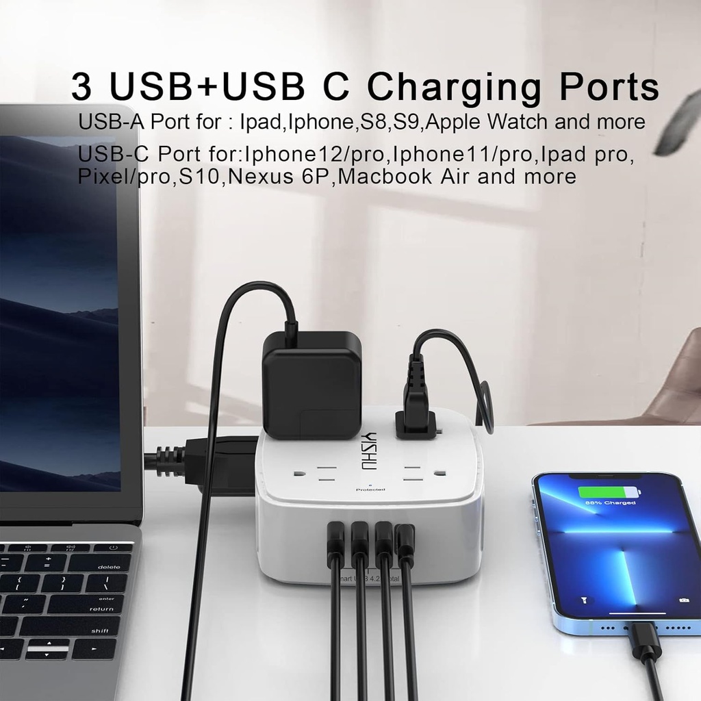 Regleta protectora de sobretensiones de 6 pies, 8 tomas amplias con 4 puertos USB, extensor de salida de 3 lados con cable de extensión de 6 pies