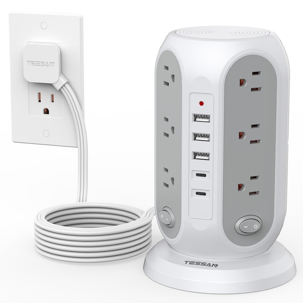 TESSAN Regleta de alimentación de torre con interruptores individuales, protector de sobretensiones con 12 tomas, 5 puertos USB (2 USB C), cable de extensión plano de 10 pies, 1250 W, estación de
