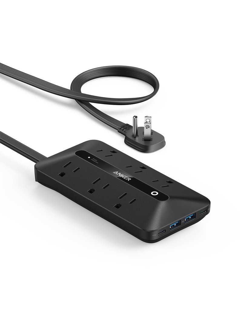 Anker 300J - Regleta de alimentación ultrafina 10 en 1de enchufe plano con 6 CA, 2 puertos USB-A y 2 puertos USB-C, cable de extensión, estación de carga de escritorio para el hogar, oficina