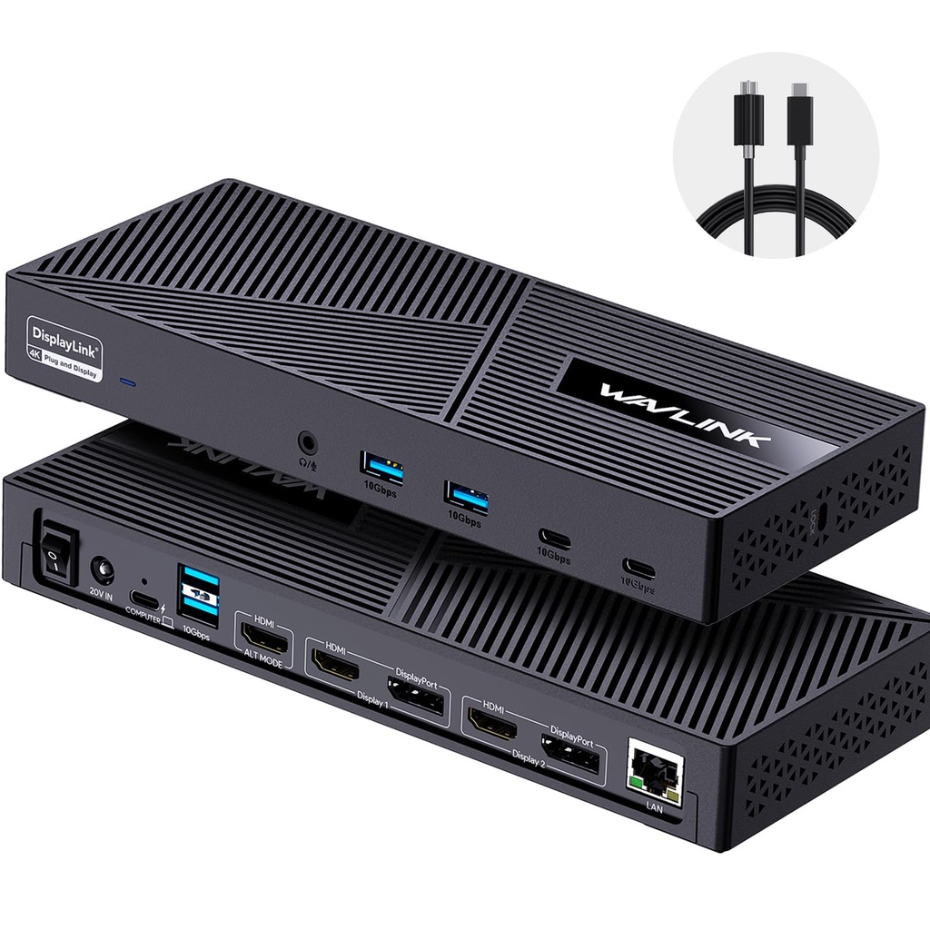 WAVLINK Estación de acoplamiento de triple monitor USB-C para MacBook M1/M2/M3/M4/M5 y Windows – 100 W PD, 3 puertos HDMI/2 DisplayPort, puertos USB de 6 x 10 Gbps, Gigabit Ethernet, ideal para