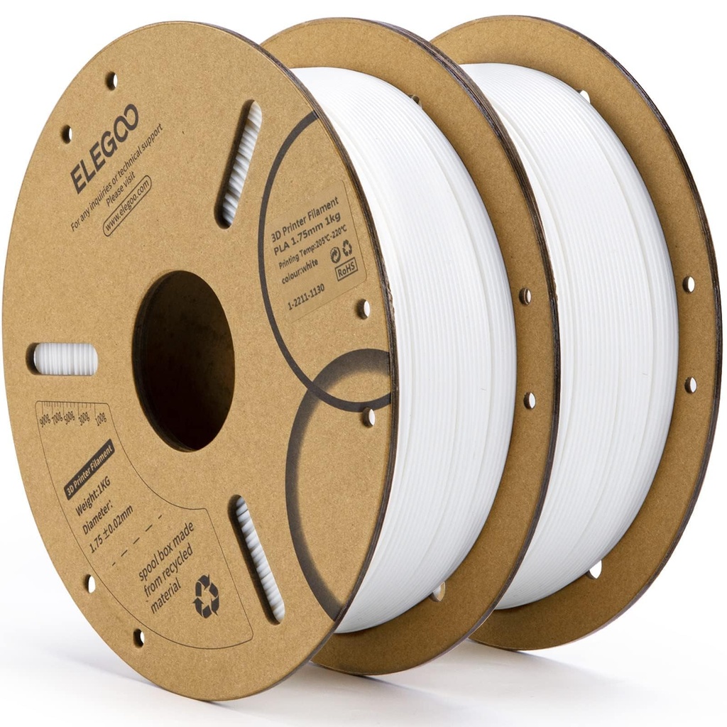 ELEGOO Filamento PLA 1.75mm Blanco 2KG, Filamento para Impresora 3D con Precisión Dimensional +/- 0.02mm, Paquete de 2 Carretes de 1kg en Cartón (2.2lbs) Filamento para Impresión 3D Compatible con la 
