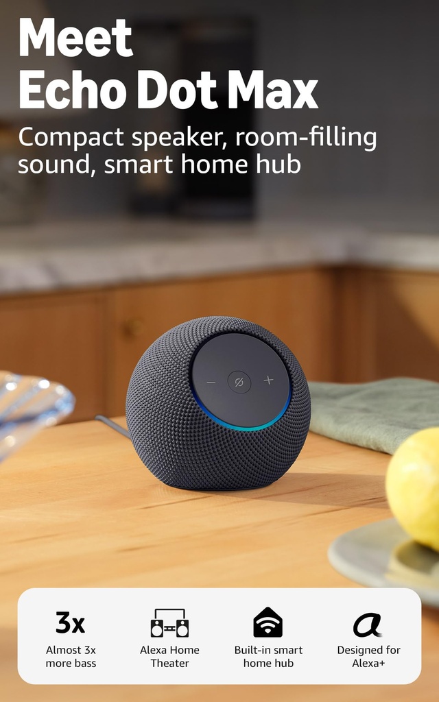 Amazon Echo Dot Max (modelo más reciente): parlante Alexa con sonido que llena la habitación y graves casi 3 veces más potentes, ideal para salas y espacios medianos, diseñado para Alexa+, grafito