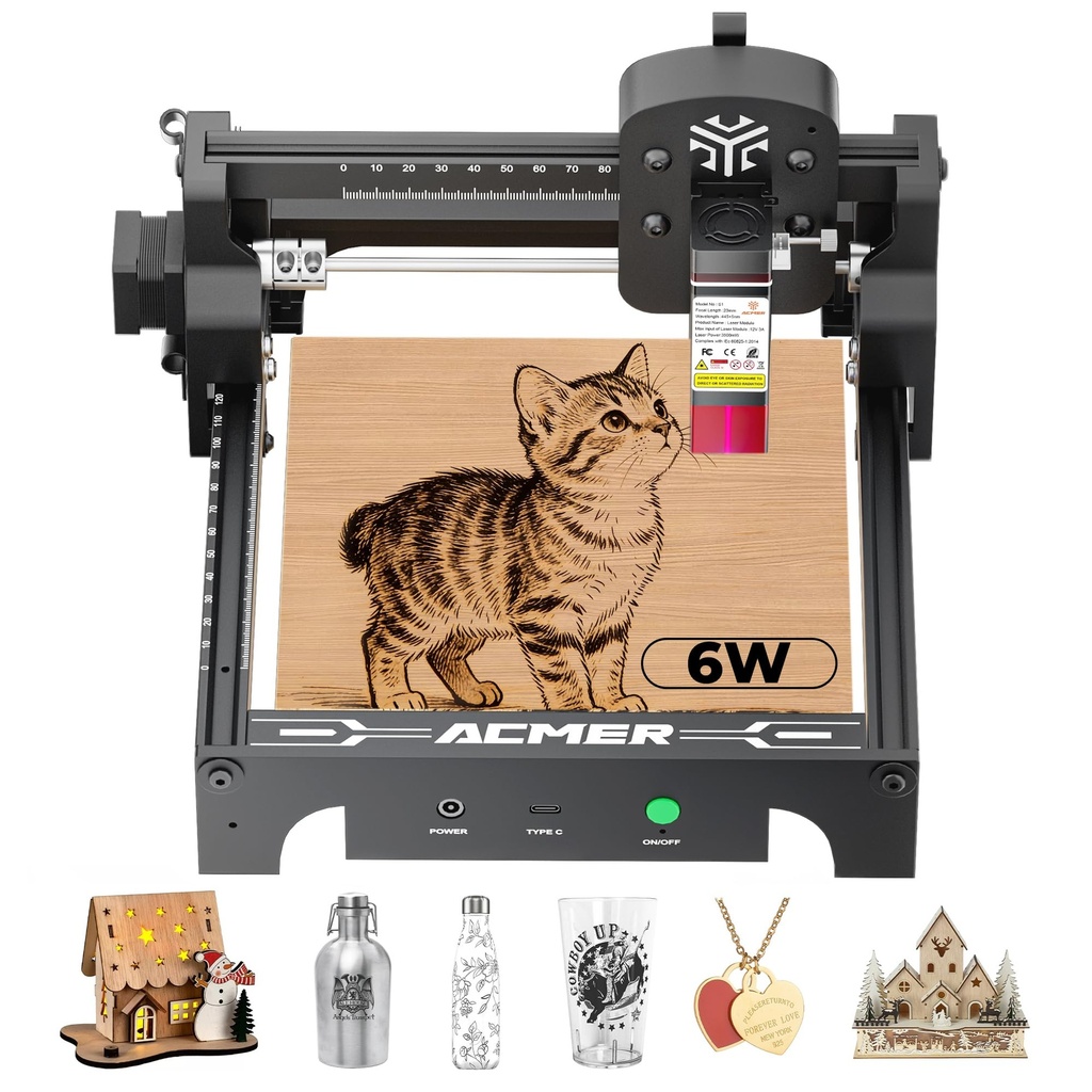 Acmer S1 Máquina de Grabado y Corte Láser, 6W (6000mW) para Madera, Acrílico, Cuero, Plástico - Área de Grabado Compacta de 130x130mm, Proyectos de Artesanía y Arte DIY, Diseño de Marco de Grabado 