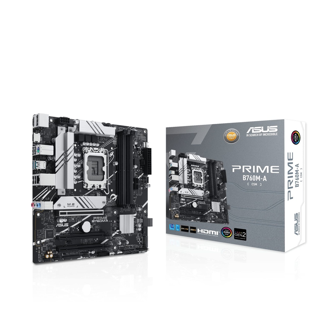 ASUS Prime B760M-A-CSM Intel B760 (LGA 1700) mATX CSM Placa base comercial PCIe 4.0, DDR5, 2X M.2, LAN de 2.5 Gb, DP, 2 HDMI, SATA 6 Gbps, USB 3.2 tipo C, Aura Sync, ASUS Control Center Express