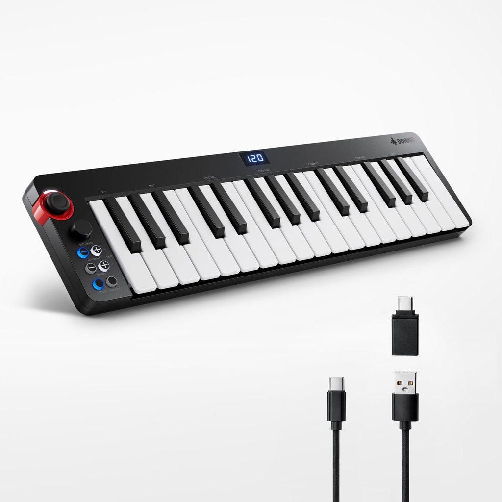 Donner - Controlador de teclado MIDI USB y 32 miniteclas, N-32, con pantalla, secuenciador, acorde y efectos de curva de sonido mediante joystick iluminado, para Mac/PC, software de producir música