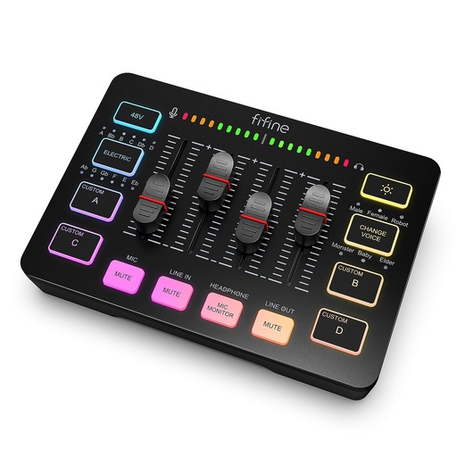 [ADIO-00009458] Mezclador de audio FIFINE para juegos, streaming con interfaz de micrófono XL Ralimentación fantasma de 48 V,