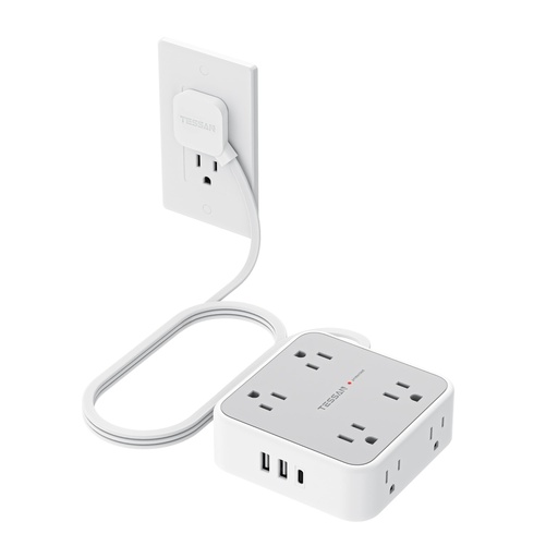 [RGT-00012714] TESSAN - Tira de alimentación con protector de sobretensión, cable de extensión de enchufe plano de 5 pies con 3 USB (1 USB C) 8 salidas, 1250W, protección de 900J, extensor de salidas de 3 lados con