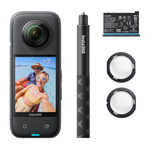 [PR-00230] Insta360 X3 Kit de Vlog de 128 GB - Cámara de acción 360 con video HDR activo de 5.7K 360, cámara de lente única 4K, impermeable, estabilización FlowState, pantalla táctil de 2.29 pulgadas, edición AI 