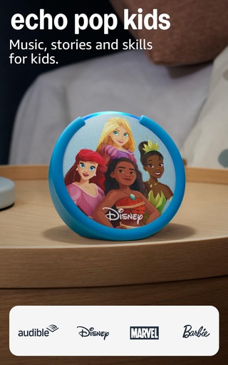 [PR-00274] Amazon Echo Pop Kids (modelo más reciente), Disfruta audiolibros apropiados para su edad, juegos interactivos y experiencias Alexa+ para crear y aprender, diseño Disney Princess